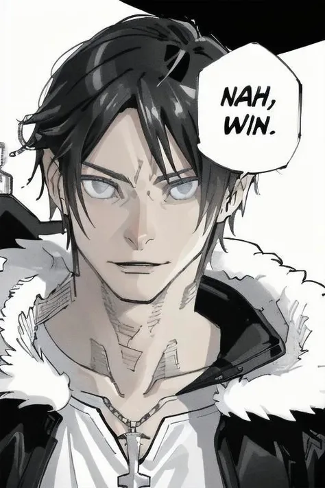 (masterpiece, best quality:1.2), monochrome, greyscale, nahidwin, speech bubble, english text, close-up, solo, 1boy, squall, scar, necklace, black jacket, fur trim, white t-shirt, black pants, black gloves