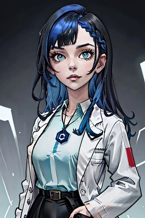 burtonesque (close-up:1.2)
poster, simplistic, art deco, vibrant color, intricate, 8k, uhd, best quality, negative space, high quality illustration, noir, beautiful face,
civitai-chan, braided bangs, labcoat, shirt, shirt tucked in, single vertical stripe, black skirt, pencil skirt, pantyhose, necklace, belt
1940s \(style\), stage, curtains, blue hair, cinematic lighting