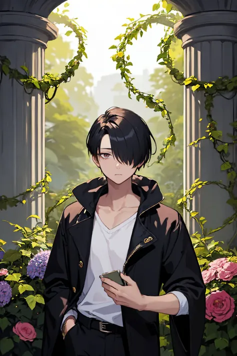 (masterpiece, best quality:1.2), solo, male focus, 1boy, expressionless, looking at viewer, hair over one eye, pillar, vines, flowers
