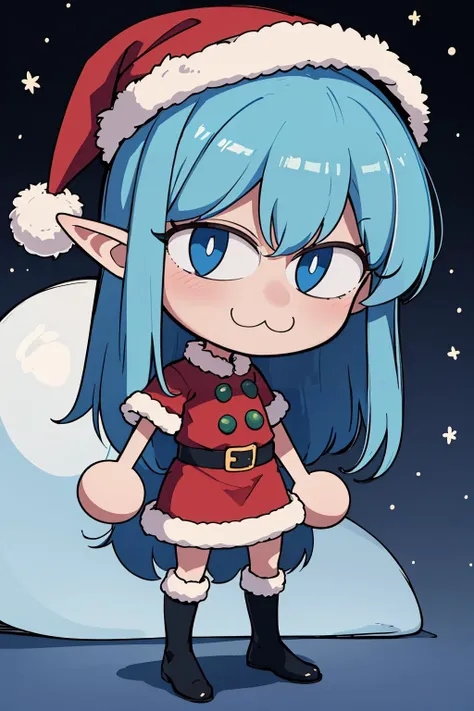 (masterpiece, best quality:1.2), 1girl, solo, elf epoch, blue theme, christmas, <lora:necoarc:1>, necoarc, slit pupils, chibi, :3, santa hat,
