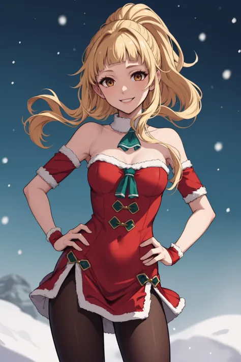 masterpiece, best quality, clair, santa dress, hand on hip, pantyhose, bare shoulders, snow, cowboy shot, looking at viewer, smile <lora:clair-nvwls-v1:0.9> <lora:Santa Dress_v1:0.9>