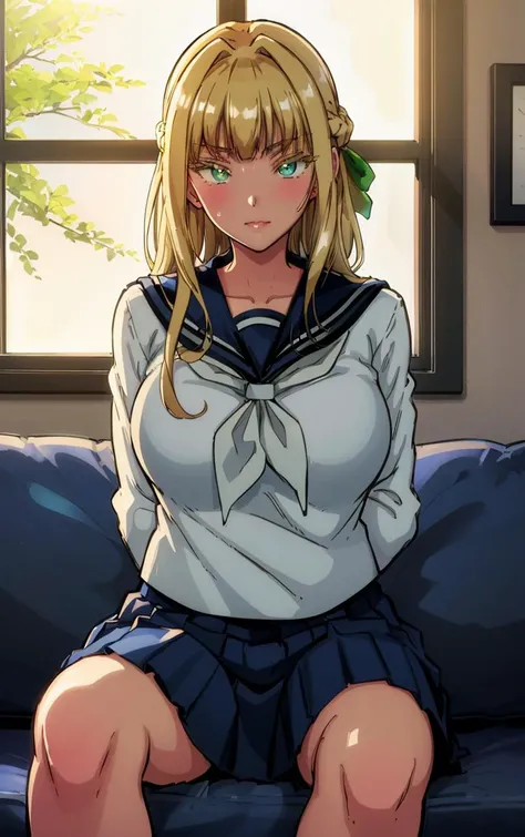 (masterpiece, best quality:1.4), insaneres, absurdres, solo, looking at viewer, BREAK
SchoolUniform_LouisaRichter_ownwaifu,
1girl, blonde hair, green eyes, long hair, bangs, large breasts, hair ribbon, french braid, collarbone, hair intakes, half updo, huge breasts, lips, shiny hair,
blue shirt, blue skirt, long skirt, pleated skirt, school uniform, serafuku, long sleeves, blue sailor collar, blue serafuku, green ribbon, neckerchief,
(sitting, spread legs), arms behind back, couch, window shade, indoors, <lora:FAP_CHR_SeikaGirlsAORO_LouisaRichter_ownwaifu:0.95> , depth of field
,