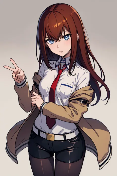 (masterpiece, best quality:1.2), cowboy shot, solo, 1girl, makise kurisu, expressionless, looking at viewer, jacket, off shoulder, collared shirt, red necktie, black shorts, pantyhose, legwear under shorts <lora:steinsgate_makise:1>