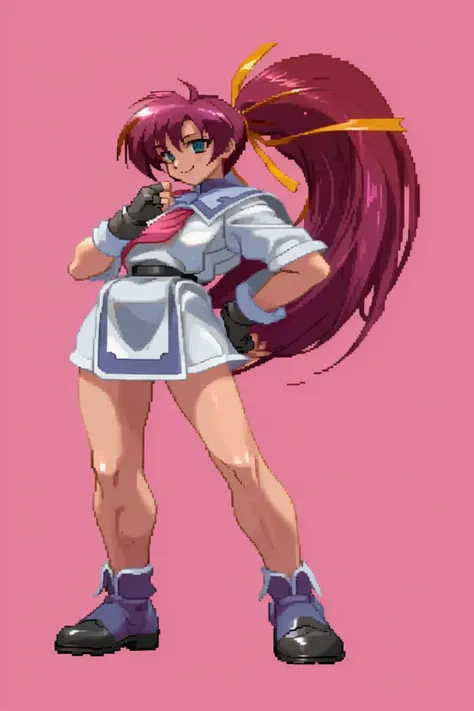 ((best quality)), ((masterpiece)), (detailed), 1girl, solo, simple background, full body, hands on hip, standing, AUTNanocaFlanka, fingerless gloves, hair ribbon, school uniform, smile, full body, long hair, <lyco:AUTNanocaFlanka-10: 0.9>, <lora:Cps3-SF3mix_Fp:0.8>