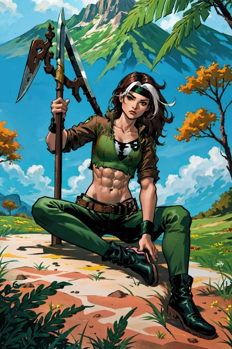 Rogue, breasts, navel, holding, brown eyes, sitting, full body, weapon, boots, outdoors, midriff, holding weapon, tree, headband, torn clothes, abs, grass, polearm, nature, forest, toned, spear, holding polearm, green footwear, dyed bangs<lora:Rogue:0.5>