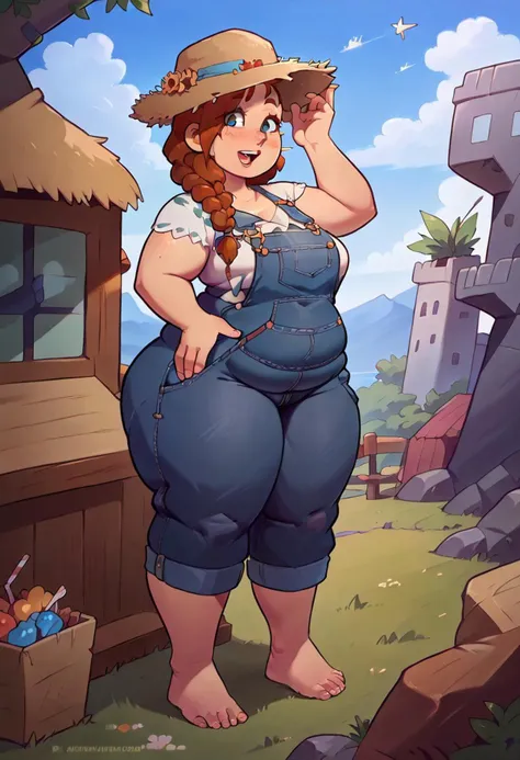 1girl, Beautiful woman, Masterpiece, denim overalls, barefoot, outside, happy expression, obese, bbw, braided hair, freckles, perfect hands, masterpiece, big boobs, hourglass figure, top heavy, heavy boobs, straw hat