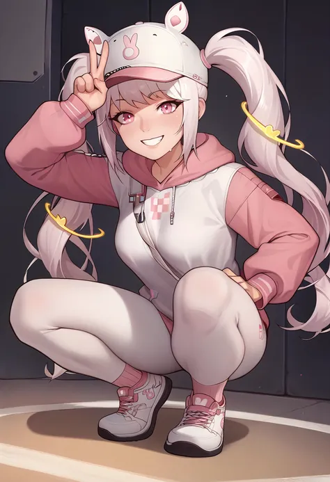 score_9, score_8_superior, score_7_superior, sauce_Anime BREAK 1 Girl, alone,Alice Bunny, Twin tails, Very long hair, Grey Hair, Have, Pink Eyes, hoodie, White leggings, White gloves, Sitting