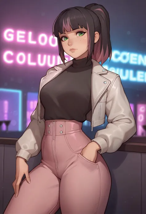 score_9, score_8_up, score_7_up BREAK solo, 1girl, cowboy shot, nightclub, neon lights, bokeh, depth of field, black hair, pink dyed hair, ponytail, bangs, green eyes, freckles, makeup, leather jacket, turtleneck, high waist pants <lora:asura_pd_t1:1>