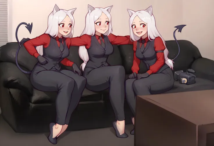 score_9, score_7_up BREAK 3girls,htcerberus, low-tied long hair, animal ears, demon tail,red shirt, black necktie, long sleeves, arm garter, black gloves, black vest, waistcoat, black pants,happy, casting couch, couch, sitting,white hair,red eyes <lora:CastingCouch_XLPD:0.8> <lora:helltaker_cerberus_ponyXL:0.8>  <lora:asura_pd:1>