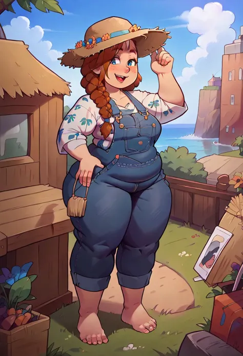 1girl, Beautiful woman, Masterpiece, denim overalls, barefoot, outside, happy expression, obese, bbw, braided hair, freckles, perfect hands, masterpiece, big boobs, hourglass figure, top heavy, heavy boobs, straw hat