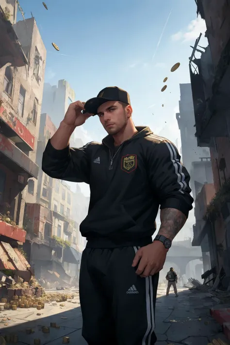 (best quality, masterpiece, epic, absurdres, detailed), shallow dof, soft bokeh,  a handsome man, chav, scally, mancunian, black athletic clothes, playing in a game, virtual world, ruined buildings, game world, losers explode into coins, carrying gun,