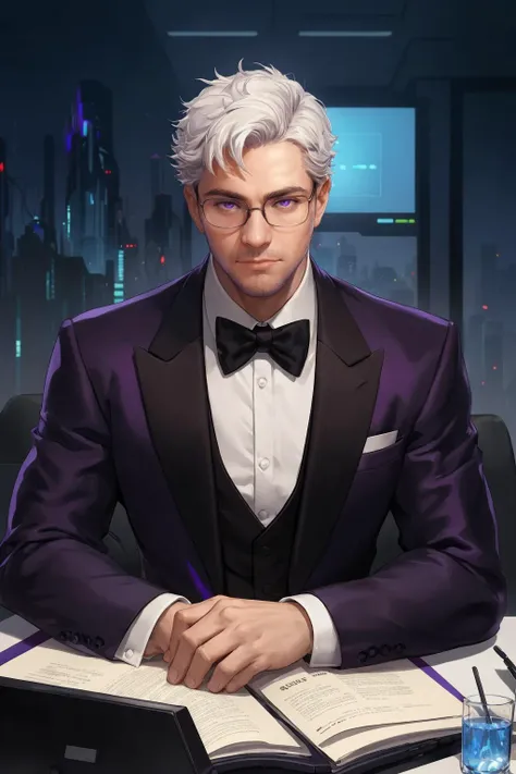 (best quality, masterpiece, epic, absurdres, detailed), shallow dof, soft bokeh,  a handsome man, tall, short white hair, squared glasses, purple eyes, CEO, sleek purple and black tuxedo, mechanical arms, office, science fiction, cyberpunk, sitting behind desk