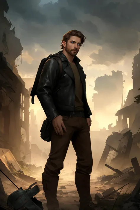 (best quality, masterpiece, epic, absurdres, detailed), shallow dof, soft bokeh, a handsome man, dynamic pose, abandoned ruins in background, low light, cinematic atmosphere, post apocalyptic, German, black leather jacket, short brown hair, blue eyes, backpack, overgrown, hairy,