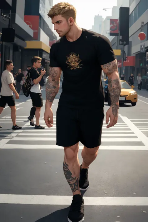 (best quality, masterpiece, epic, absurdres, detailed), shallow dof, soft bokeh,  a handsome man, bruv, fuckboy, black shorts, black stinger tee,  short blonde hair, tattoos,  hopping on pedestrian crossing,