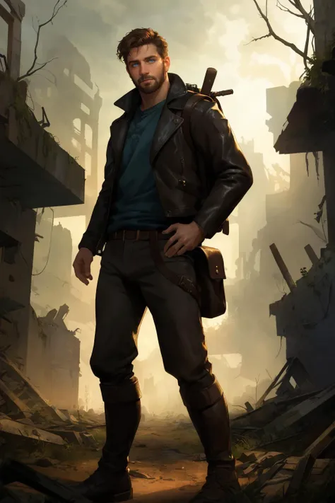 (best quality, masterpiece, epic, absurdres, detailed), shallow dof, soft bokeh, a handsome man, dynamic pose, abandoned ruins in background, low light, cinematic atmosphere, post apocalyptic, German, black leather jacket, short brown hair, blue eyes, backpack, overgrown, hairy,