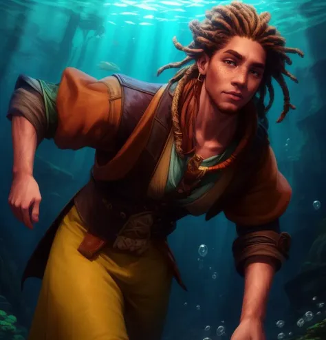 solo man with freckles and Chestnut Dreadlocks , Lean body, Glancing sideways, Applauding,  walking, Gliding, during evening, Underwater setting and clothing, tavern