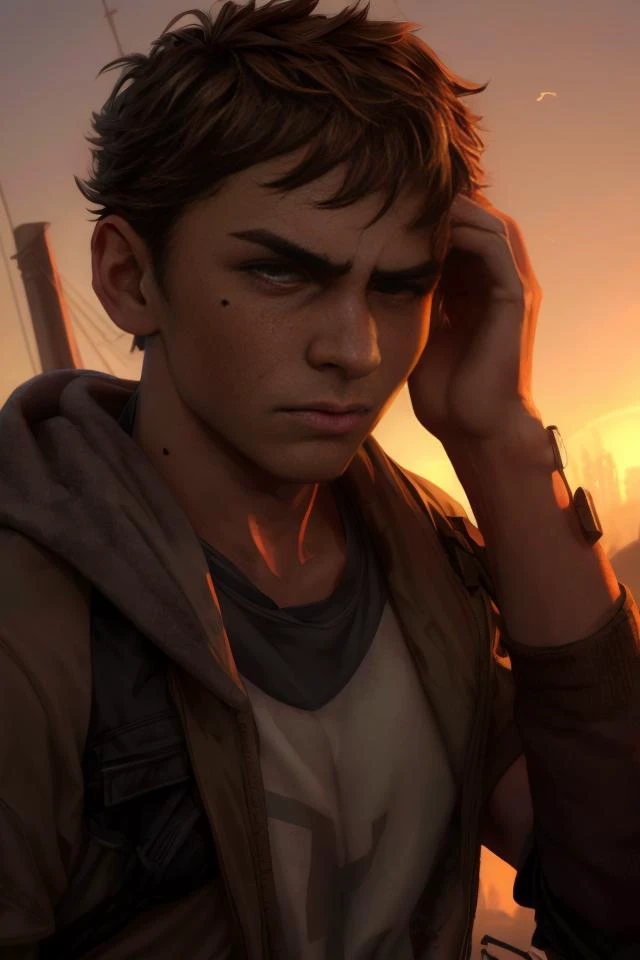 solo man with moles on skin and Brown Pixie cut , Athletic physique, Neutral expression, hand on face,  upper body, Jogging, during dusk, Post-apocalyptic setting and clothing, concert, (ultra detailed, masterpiece, best quality, absurdres)