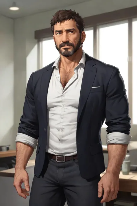 handsome, middle aged man, [light brown:black] hair, a well groomed beard, and hazel eyes. fairly toned body, casual clothing, CEO of a tech conglomerate, visible abs, Male focus, Joel from The last of us, rugged