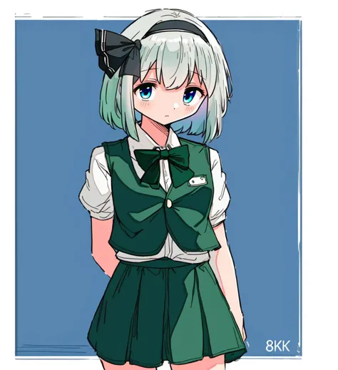 masterpiece, best quality, (white background, simple background:1.5), 1girl, (konpaku youmu:1.1), white hair, short hair, blue eyes, green vest, green miniskirt, white shirt, looking at viewer, medium breasts, cowboy shot, :D