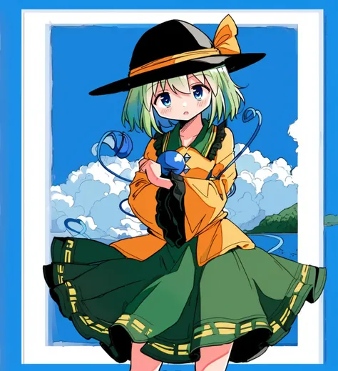 (artwork), (masterpiece), (amazing work), (masterpiece), (extremely detailed CG 8k unit wallpaper), <lora:GoodHands-vanilla:0.7>, simple background, standing, cowboy shot, border, outside border, blue background, white border, checkered background, <lyco:kasuya_baian-15:0.7>, komeiji koishi, hat