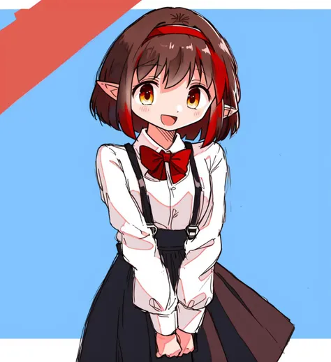 (artwork), (masterpiece), (amazing work), (masterpiece), (extremely detailed CG 8k unit wallpaper), <lora:GoodHands-vanilla:0.7>, simple background, standing, cowboy shot, border, outside border, blue background, white border, checkered background, <lyco:kasuya_baian-15:0.7>, brown hair with red streaked tips, (small breasts:1.0), hairband, (one red hairband:1.2), (short hair:1.05), (brown hair:1.15), (red colored tips:1.2), (pointy ears:1.1), solo, (yellow eyes:1.05), (red_hair:1.025), (streaked_hair:0.9), (bob cut:1.2), white shirt, black suspender skirt, red bowtie, happy, :D