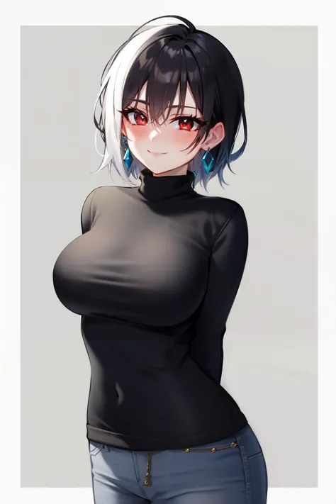 <lora:blushyspicy_style:1>
blushyspicy style,  earrings, white background, looking at viewer, short hair, pants, 1girl, cowboy shot,  black pants, blush, sweater, red eyes, solo, large breasts, jewelry,  white hair, turtleneck sweater, simple background, smile, arms behind back , red hair, black hair, split-color hair,