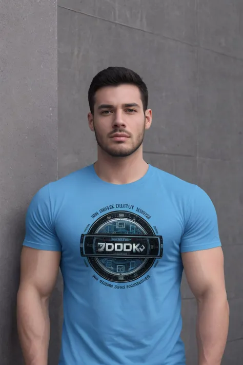 1male, face, realistic, ultra quality, highly detailed, ultra HD realistic, ultra quality, highly detailed, ultra HD, <lora:T-shirtsMale:0.6>, (t-shirt blue), cyberpunk future clock print,
