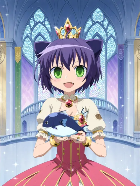 score_10
masterpiece, best quality. solo
<lora:PE_AnimeBG:1>
<lora:Kyouran_Kazoku_Nikki_Kyouka_Midarezaki_PDXL:0.8>
Kyouka Midarezaki, (upper body:1.4), half body, smiling, palace background, holding fish, fang, :3 purple princess dress, princess tiara, princess crown, necklace, jewelry, bracelets, rings, shiny, sparkles
anime screencap