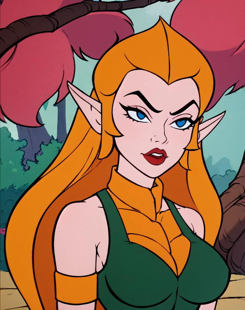 1girl, elf, pointy ears, upper body, bare shoulders, lips, long hair, red lips, breastplate, wristband, solo, tree <lora:he-man_offset:1>