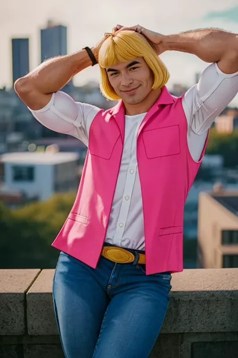 1man, solo, portrait of muscular he-man with blonde bob hair wear shirt and pink vest and blue jeans, smile, looking at viewer, city background, bokeh, dim light, rim lighting <lora:he-man_offset:1>