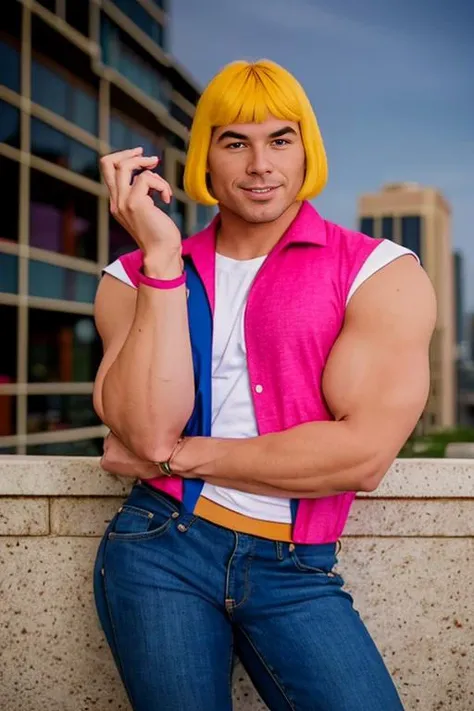 1man, solo, portrait of muscular he-man with blonde bob hair wear shirt and pink vest and blue jeans, squat, smile, looking at viewer, city background, bokeh, dim light, rim lighting <lora:he-man_offset:1>