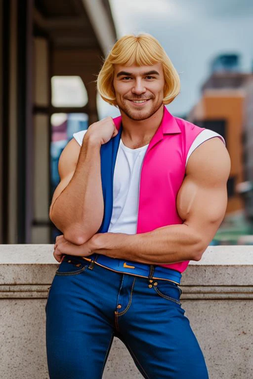 1man, solo, portrait of muscular he-man with blonde bob hair wear shirt and pink vest and blue jeans, squat, smile, looking at viewer, city background, bokeh, dim light, rim lighting <lora:he-man_offset:1>