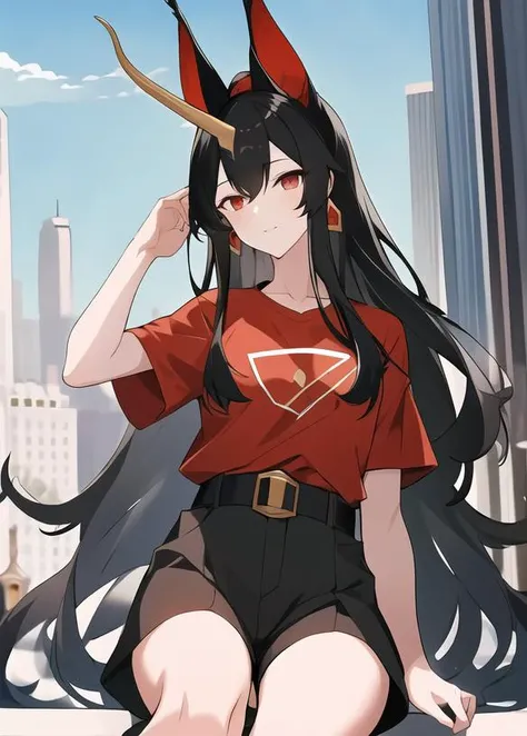 masterpiece, best quality, highres, 1girl, city background, <lyco:Ya-000016:0.88>, Ya, single horn , animal ears ,horns, fox ears, red eyes, white t-shirt, black shorts