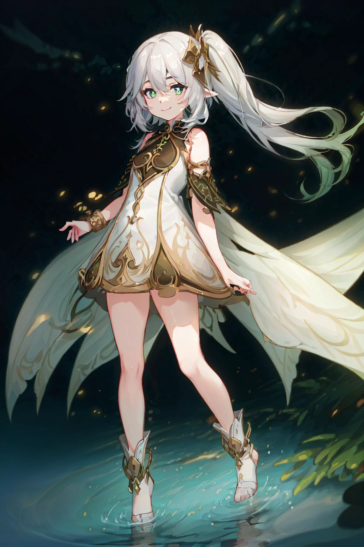 (extremely detailed CG:1.4), (best quality:1.5), 1girl, Full body, very long hair, (symbol-shaped pupils:1.3), perfect face, bright pupils, lustrous skin, (finely detailed beautiful eyes), blush, smile, wading, arms behind back, depth of field, river, forest background, ultra detailed sunlight, cinematic shadows, dynamic angle <lora:nahidaGenshinImpact_1:0.55>