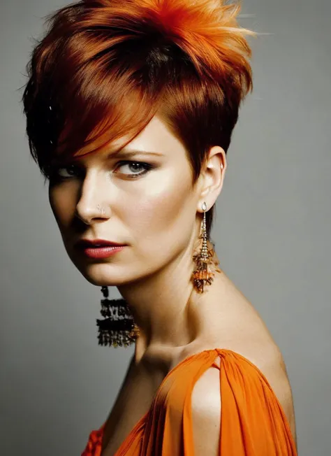 analog style, modelshoot style, portrait of sks woman by Flora Borsi, style by Flora Borsi, bold, bright colours, orange Mohawk haircut, ((Flora Borsi)), <lora:locon_marylynn_v1_from_v1_64_32:1.4>