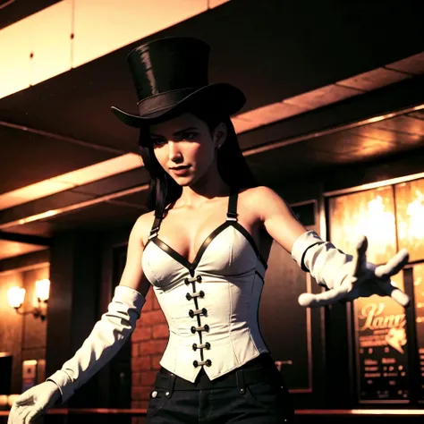(cowboy shot), sfw, (masterpiece), (best quality:1.0), (ultra highres:1.0)
BREAK
<lora:Zatanna_YJ:0.6> Zatanna, 1girl, waving, white corset, jeans, bare shoulders, elbow gloves, top hat, gloves
<lora:ff7r_style_ned_offset:1> ff7r style
BREAK
(movie theater, ticket booth, outdoors, gorgeous view)