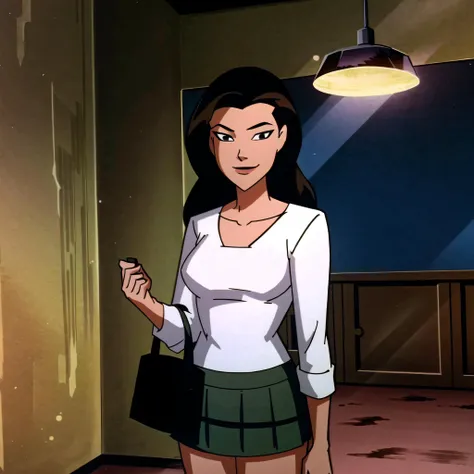 (cowboy shot), sfw,  (masterpiece), (best quality:1.0), (ultra highres:1.0)
BREAK
<lora:Zatanna_YJ:0.5> Zatanna, smiling, looking at viewer 1girl, white blouse, plaid skirt, holding purse
<lora:batman adventures:1> batman adventures
BREAK
(log cabin, indoors, gorgeous view)