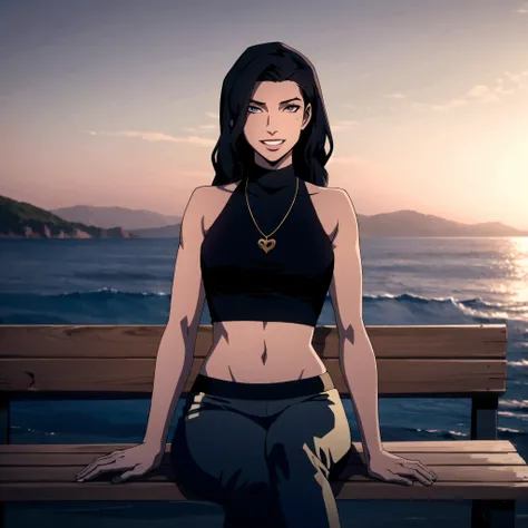 (cowboy shot), sfw, (masterpiece), (best quality:1.0), (ultra highres:1.0)
BREAK
<lora:Zatanna_YJ:0.5> Zatanna, smiling, looking at viewer 1girl, sitting on bench, gold necklace, black turtleneck, white pants, legs crossed, midriff, (sleveless)
<lora:castlevania_style_offset:1> castlevania style
BREAK
(pier, ocean view, outdoors, gorgeous view)