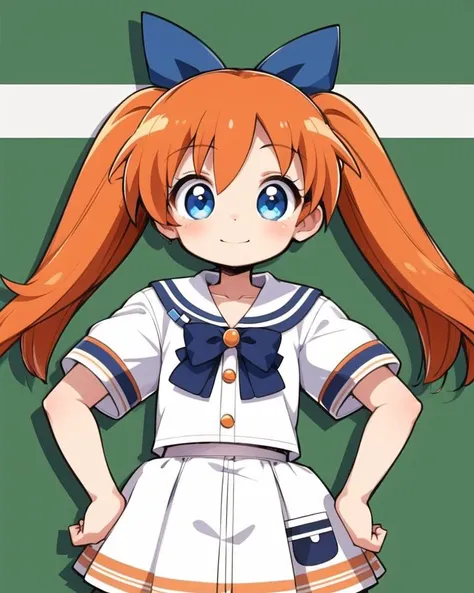 1girl, solo, standing, cowboy shot,
<lora:popurin_moe:0.6>, (blue eyes, hair bow, blue bow, orange hair, twintails),