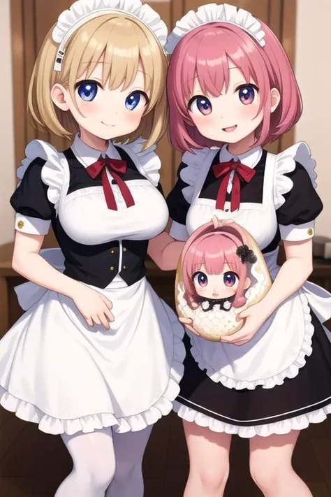 masterpiece, best quality,ultra detail,2 girls, holding a giant cracked egg, (a chibi girl into giant egg) <lora:holding hatched egg-001_0.7:0.7>maid uniform,laughing
