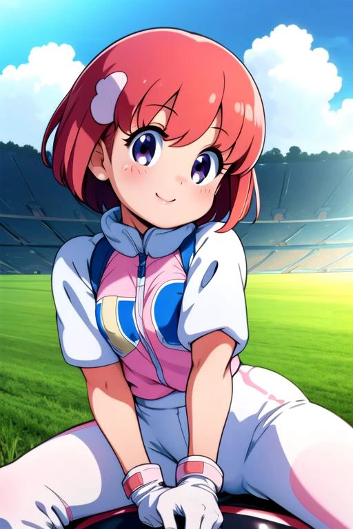 masterpiece,ultra detail,best quality,1girl,ite,pastel,outdoor,smile,strong wind,open field,happy, <lora:pastel:0.7>,printed shirt,glove,cloud,sitting on spherical vehicle,winbee