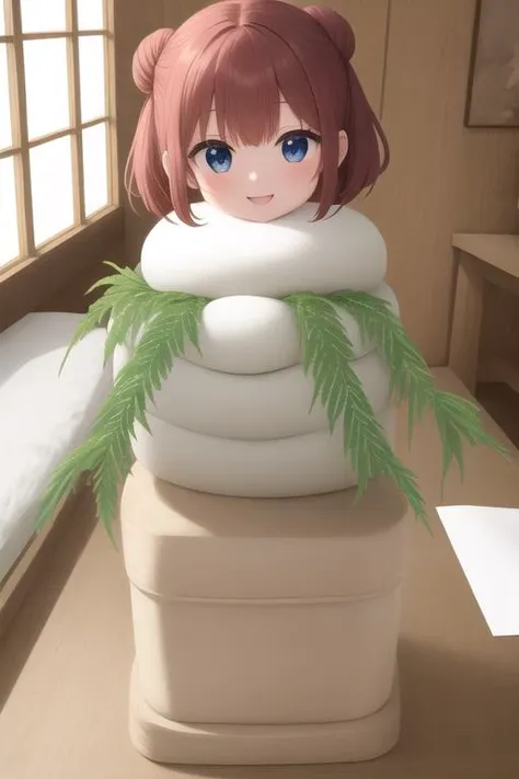 masterpiece,ultra detail,best quality,1girl,smile,chibi,open mouth,orange single hair bun,kagamimochi,<lora:kagamimochi-001_0.7:0.8> ,head on rice cake, on square wooden base, a pair fern, paper between rice cake to wooden base,citrus hair ornaments ,japanese livingroom kotatsu,window,snow ,tatami,from below,bamboo,pine