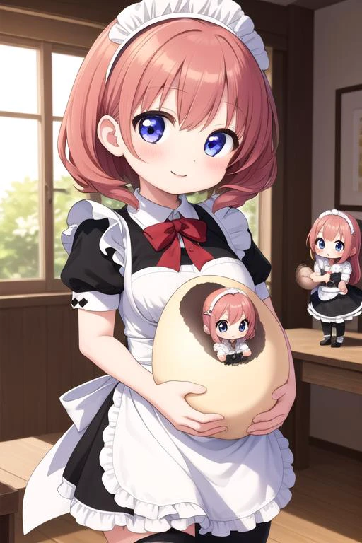 masterpiece, best quality,ultra detail,2 girls, holding a giant cracked egg, (a chibi girl into giant egg) <lora:holding hatched egg-001_0.7:0.7>maid uniform,happy