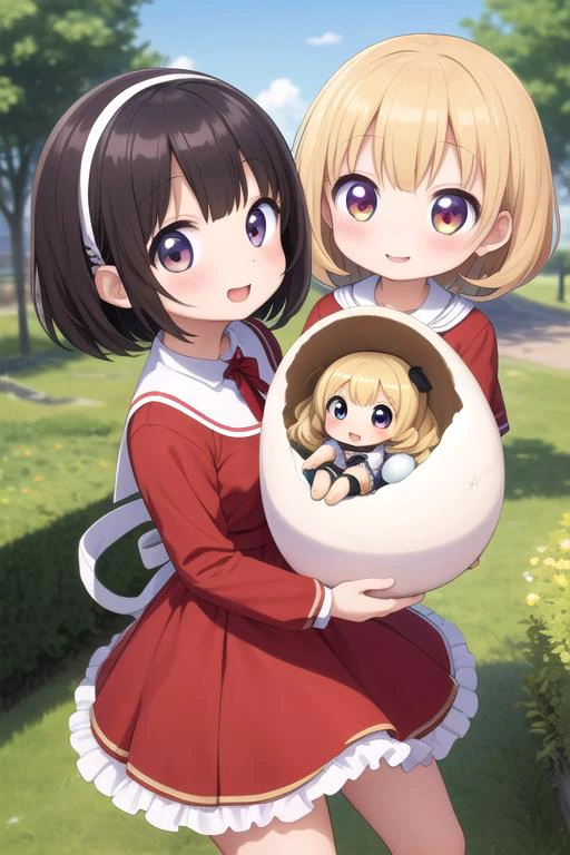 masterpiece, best quality,ultra detail,2 girls, holding a giant cracked egg, (a chibi girl into giant egg) <lora:holding hatched egg-001_0.7:0.7>school costume,laughing