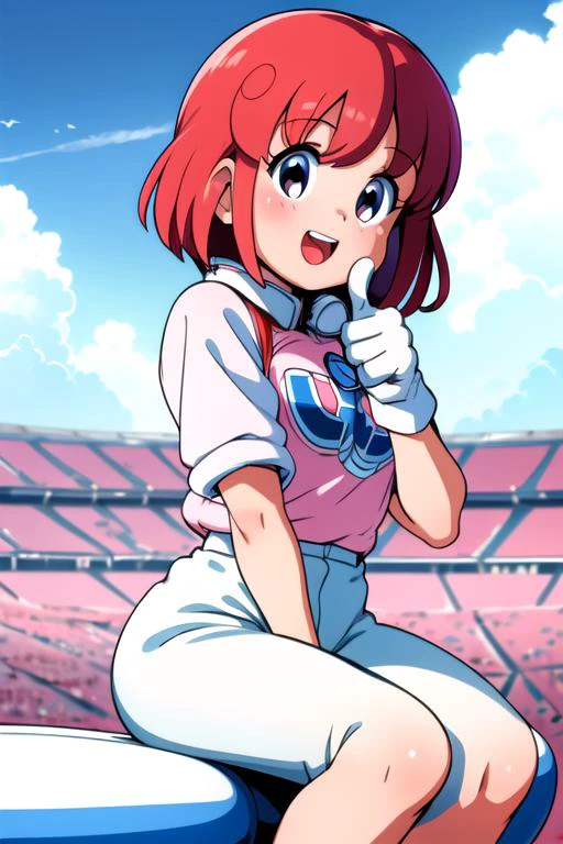 masterpiece,ultra detail,best quality,1girl,ite,pastel,outdoor,smile,strong wind, thumbs up,open field,happy, <lora:pastel:0.7>,printed shirt,glove,cloud,sitting on spherical vehicle,open mouth,teeth,winbee