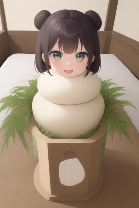 ((girl made with sticky rice cake:1.1), (sticky white skin)), (masterpiece:1.2), ultra detail, best quality, smile,(kagamimochi:1.2), head on rice cake, open mouth, (((rice cakes stacked layer by layer:1.3), (orange ball on rice cake:1.2))), ((on square wooden base:1.2), a pair fern, paper between rice cake to wooden base),(tatami,japanese livingroom kotatsu),
<lora:kagamimochi-001_0.7:1.2>