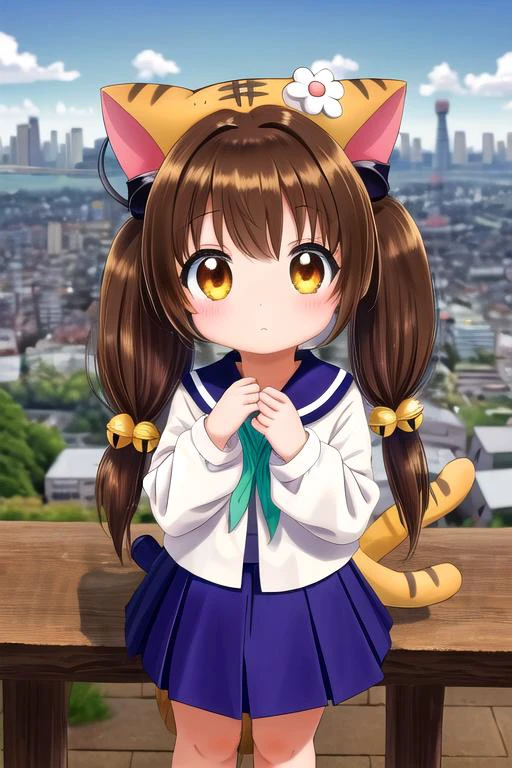 masterpiece, best quality,ultra detail,<lora:GoodHands-vanilla:0.8> <lora:anmnr01:0.3> <lora:add_detail:0.5>,1girl, putite,<lora:di-gi-charat-v1.0b:0.7>,puchiko, 1girl, solo, brown hair, brown eyes, tail, hat, long hair, serafuku, chibi, twintails, bell, hair ornament, animal hat, cat ears, blue skirt,japan,city,
