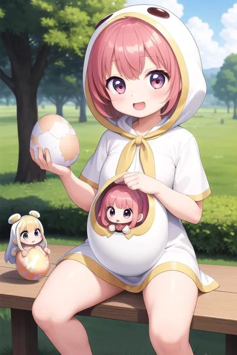 masterpiece, best quality,ultra detail,2 girls, holding a giant cracked egg, (a chibi girl into giant egg) <lora:holding hatched egg-001_0.7:0.7>bird costume,laughing