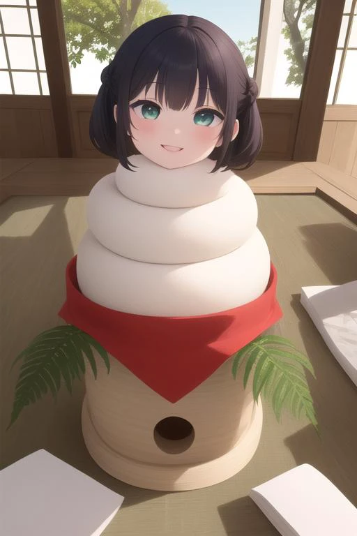 masterpiece,ultra detail,best quality,1girl,smile,chibi,open mouth,orange single hair bun,kagamimochi,<lora:kagamimochi-001_0.7:0.8> ,head on rice cake, on square wooden base, a pair fern, paper between rice cake to wooden base,citrus hair ornaments ,japanese livingroom kotatsu,window,snow ,tatami,from below