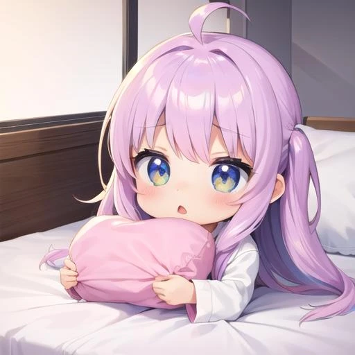 masterpiece,best quality,ultra detail,,1girl, chibi,pastel color hair,petite,nendorod,pajamas,(sleepy,yawn),holding pillow